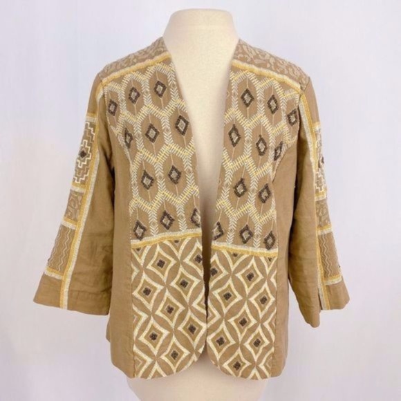 Chico's Embroidered Tan Beaded Embroidered Linen 3/4 Sleeve BlazerJacket Medium - Picture 8 of 9